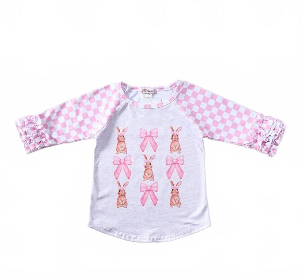 NEW CLOVER COTTAGE kids bunny bows raglan tee in pink and white